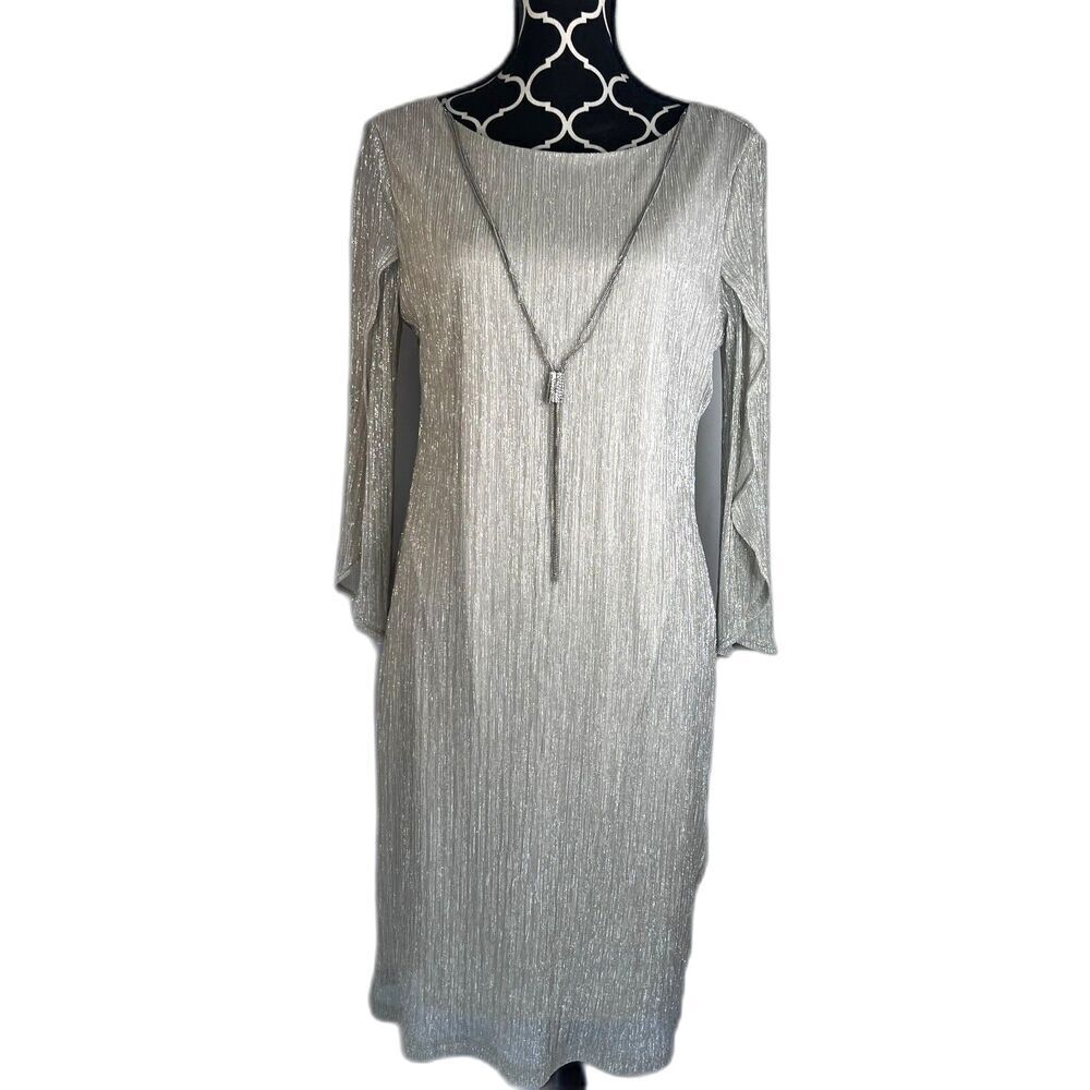 Prelude Gold Metallic Shimmer Split Sleeve Necklace Cocktail Shift Dress Size 10